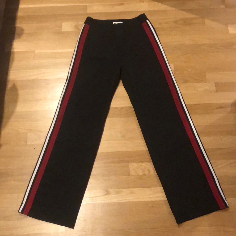 Black trouser with red and white tuxedo stripes
